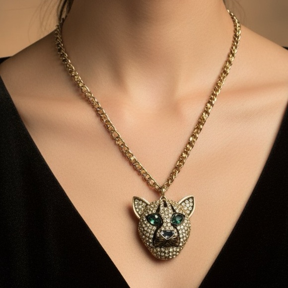 Betsey Johnson HUGE Leopard Panther Cat Head Bronze Crystal Necklace - Picture 2 of 8